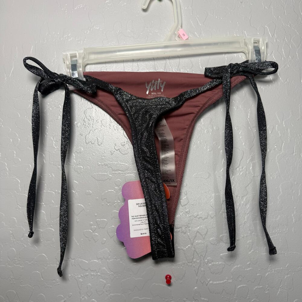 Yitty Swim Luxe Side Tie Thong Bikini, Shimmered Rum Raisin/Silver, XXL/1X
